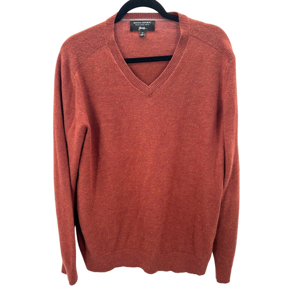 Banana Republic Mens V Neck Merino Wool Sweater‎ Rust Orange Italian Large Tall